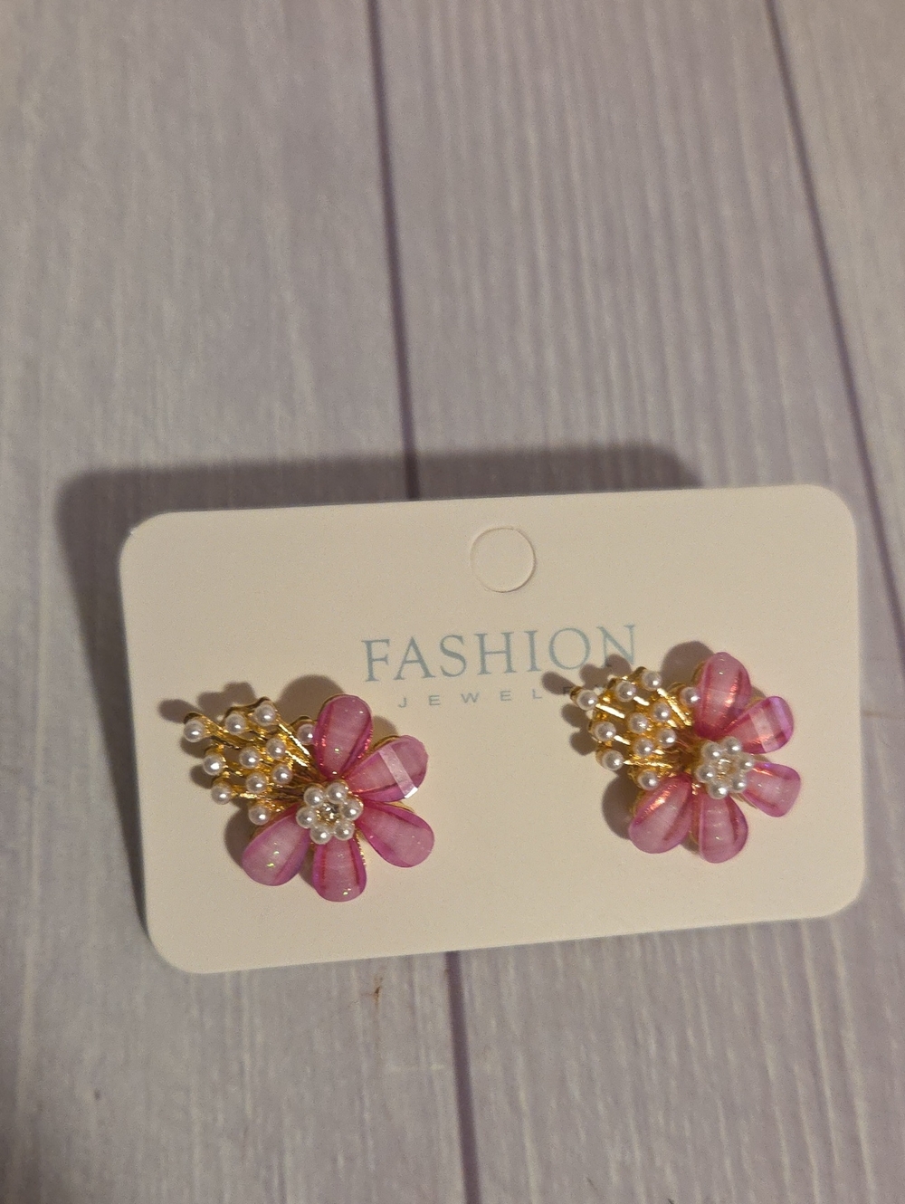 Fashion Jewelry Gold-Tone Pink Floral Pearl Stud Earrings